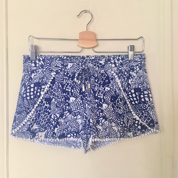 Lilly Pulitzer for Target Pants - Lilly Pulitzer Blue & White FISH Flouncy Short-Shorts with Pom-Pom Fringe XS